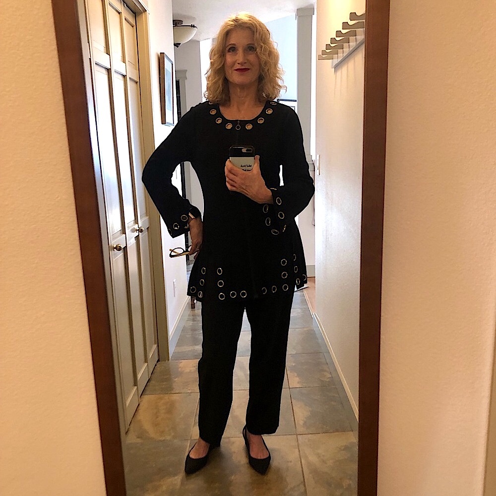 Black long-sleeve tunic with gold embellishments